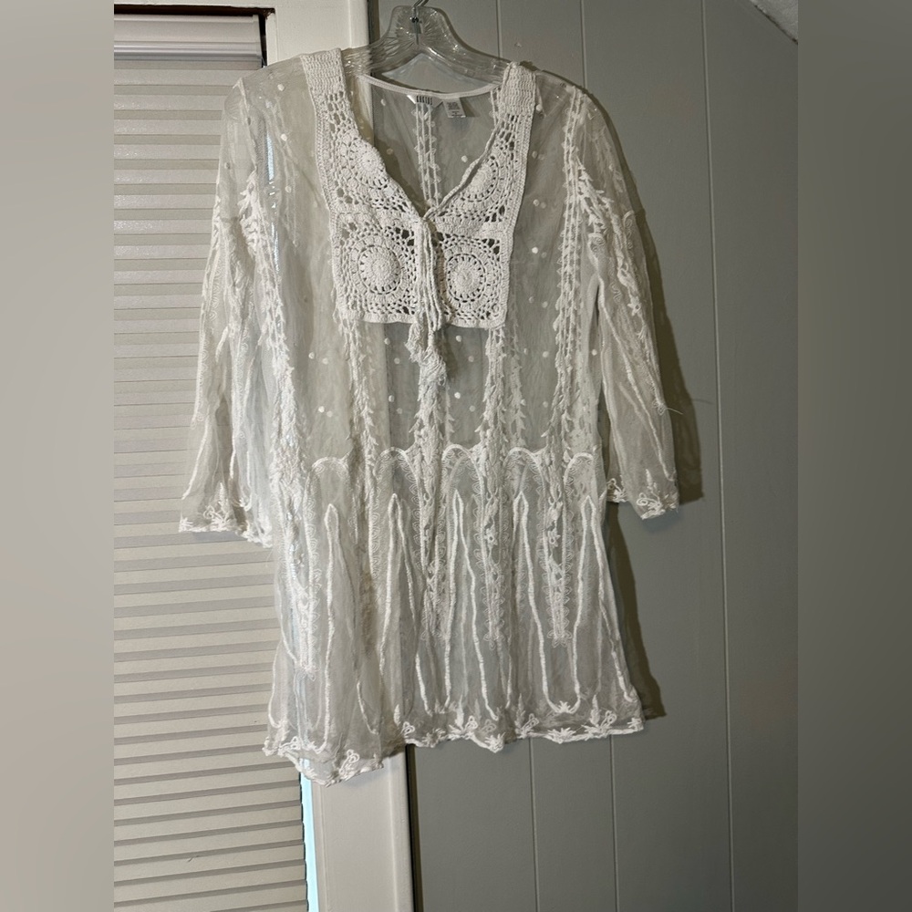 Kaktus White Lace Swim Cover Up Tunic Boho Beach Resort Size Small - Picture 2 of 4